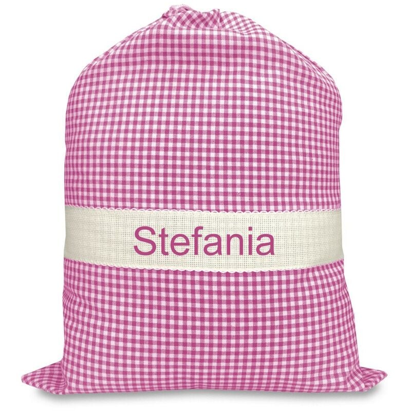 foto del prodotto sacchetto asilo ricamato e personalizzato misura cm. 34x48 a quadretti rosa