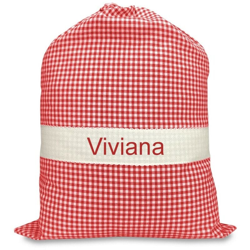 foto del prodotto sacchetto asilo ricamato e personalizzato misura cm. 34x48 a quadretti rosso