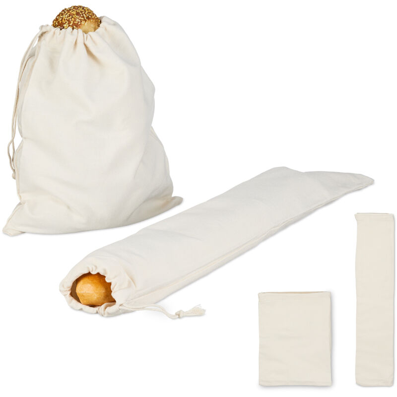 foto del prodotto sacchetto portapane, set da 4 buste porta pane, frutta e verdura, borsa stoffa per grissini, 2 misure, beige relaxdays