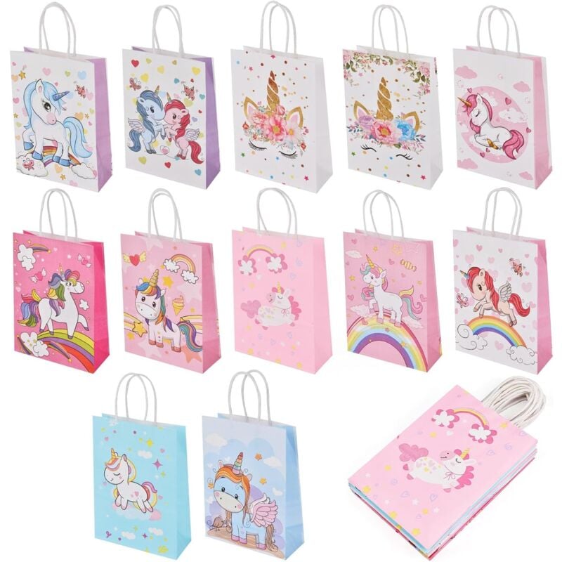 foto del prodotto sacchetto regalo, 12 pezzi sacchetti di carta, sacchetti regalo unicorno per bambini, per cerimonie di laurea, halloween o compleanno 21 15 8 cm 
