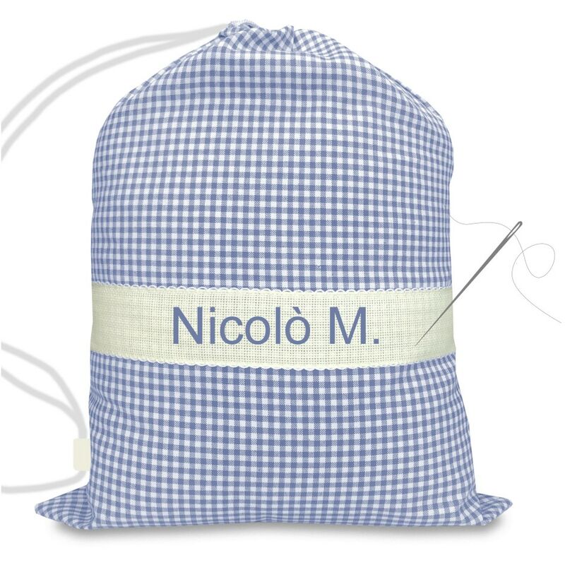 foto del prodotto sacco asilo ricamato e personalizzato misura grande maxi cm. 45x60 a quadretti azzurro