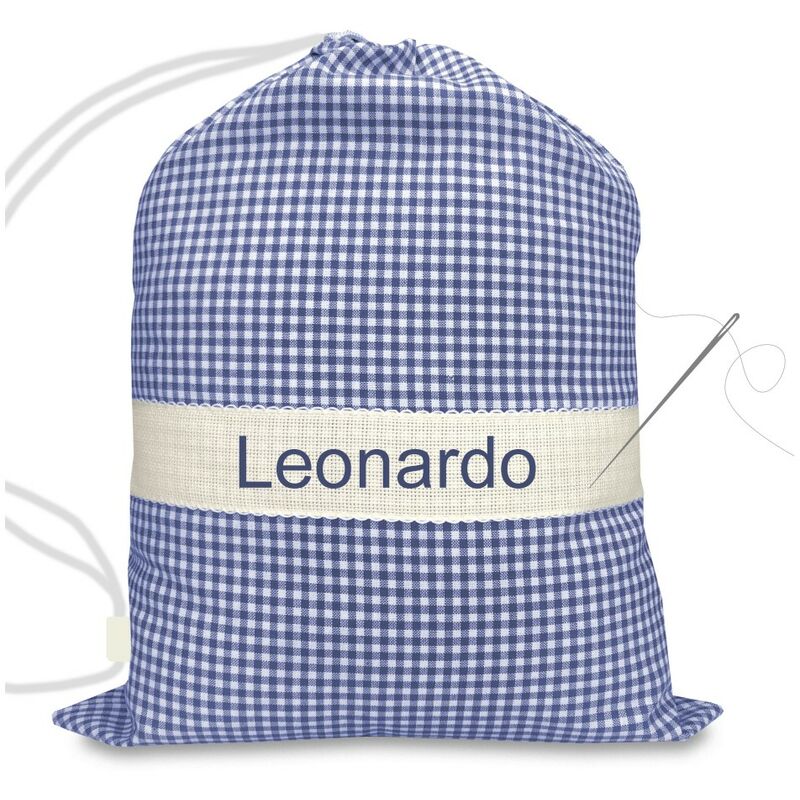 foto del prodotto sacco asilo ricamato e personalizzato misura grande maxi cm. 45x60 a quadretti blu