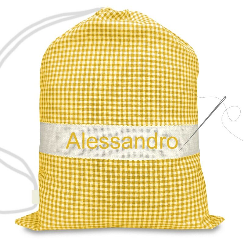 foto del prodotto sacco asilo ricamato e personalizzato misura grande maxi cm. 45x60 a quadretti giallo