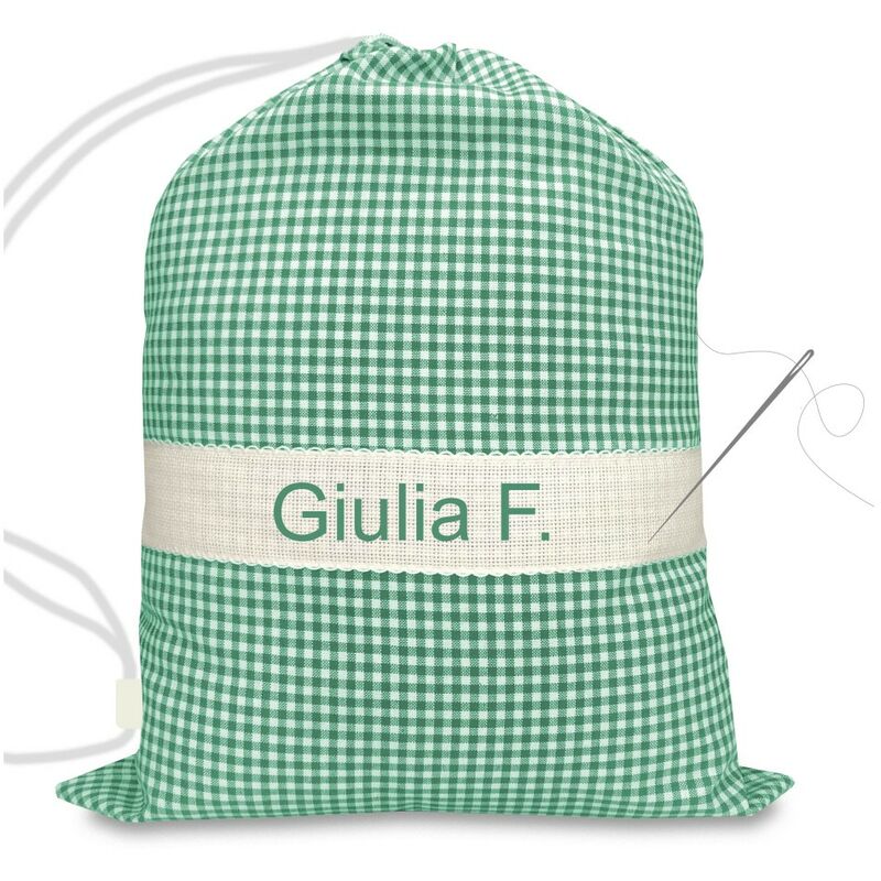 foto del prodotto sacco asilo ricamato e personalizzato misura grande maxi cm. 45x60 a quadretti verde