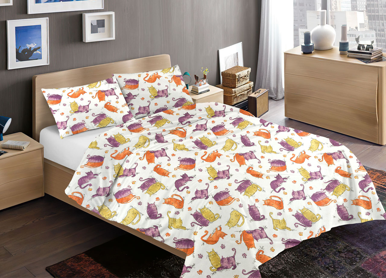 foto del prodotto sacco copripiumino piumone letto in 100 cotone disegno gatti mod rp micio colorato animali made italy 1 piazza arancio