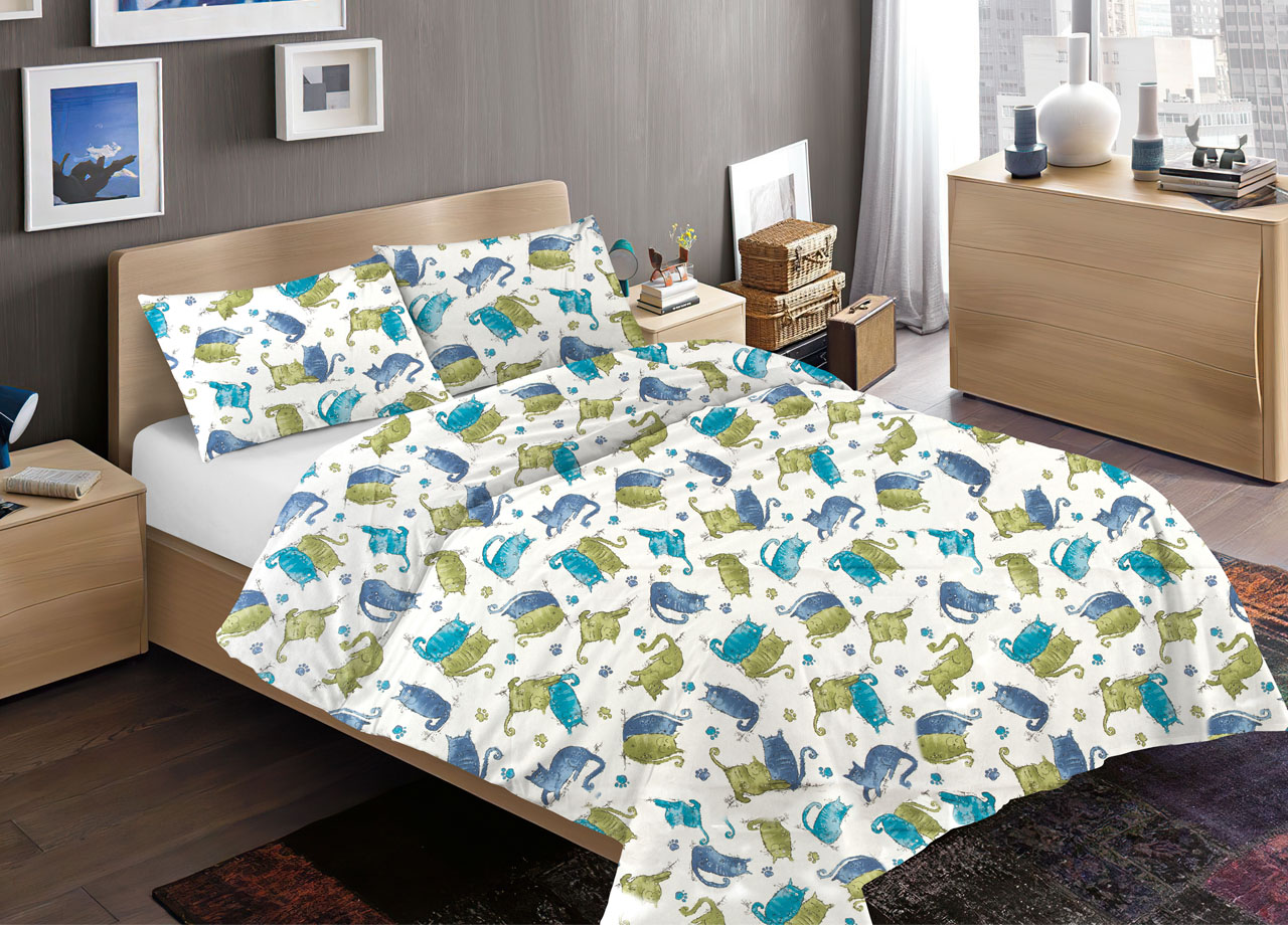 foto del prodotto sacco copripiumino piumone letto in 100 cotone disegno gatti mod rp micio colorato animali made italy 1 piazza blu