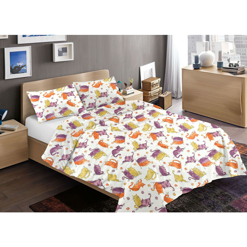 foto del prodotto sacco copripiumino piumone letto in 100 cotone disegno gatti mod rp micio colorato animali made italy, misura1 piazzacoloreblu