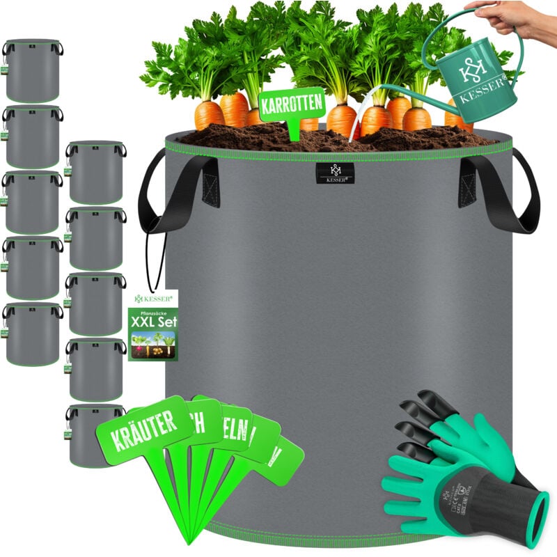 foto del prodotto sacco da coltivazione 40 litri 10 in tessuto con etichette, finestra e manici perfetto per verdure, fiori e frutta grigio kesser