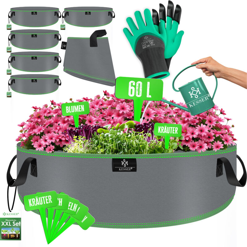 foto del prodotto sacco da coltivazione 60 litri 60x25 5 in tessuto con etichette, finestra e manici perfetto per verdure, fiori e frutta grigio kesser