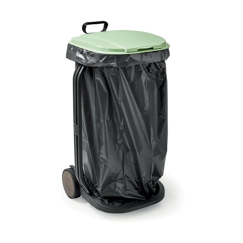 foto del prodotto sack trolley reco, carrello porta sacchi da giardino, in plastica riciclata, per la raccolta di erba, fogliame o rifiuti differenziati, con coperchio