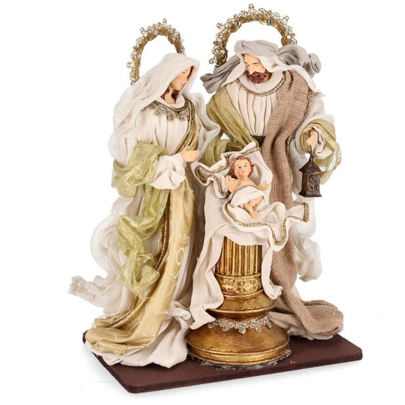 foto del prodotto sacra famiglia con vestiti in tessuto color oro con colonna statue per presepe h 38 cm
