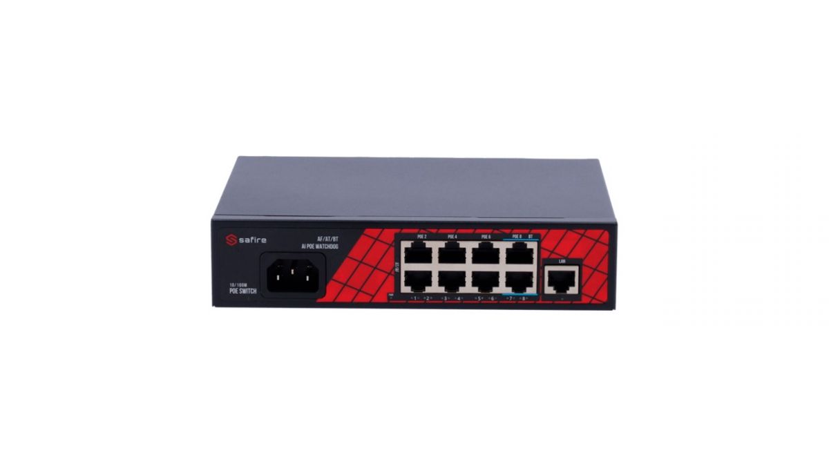 foto del prodotto safire switch hi-poe 8 porte poe + 1 uplink rj45 velocità porte 10/100mbps