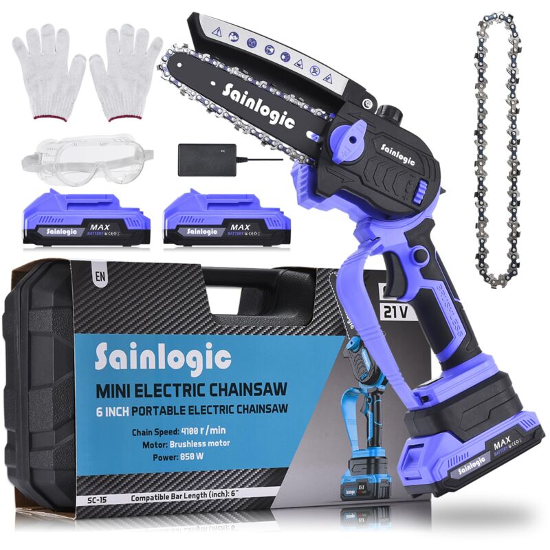 foto del prodotto sainlogic mini motosega a batteria, 6 pollici motosega elettrica a batteria con una sola mano con chiusura di sicurezza, motosega elettrica per