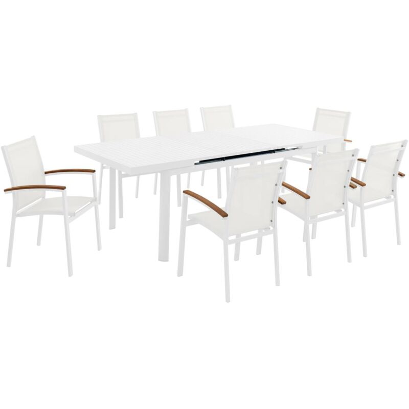 foto del prodotto sala pranzo giardino allum. tavolo all. l.180 240cm 8 poltrone impil. bracc. acacia bianco nauru di mylia