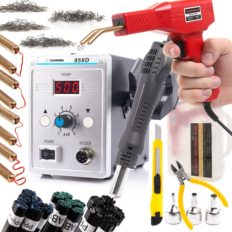 foto del prodotto saldatore 858d, cucitrice plastica + 200 graffette, coltello, pinza + leganti