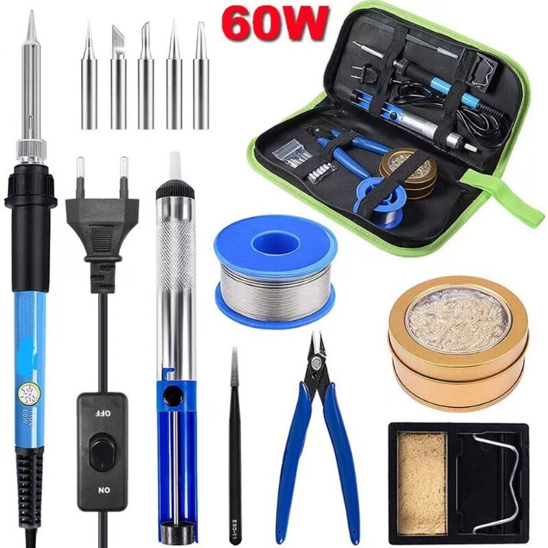 foto del prodotto saldatore, kit per saldatore, strumento di saldatura a temperatura regolabile con punte per saldatore, ventosa, filo per saldatura, pinzette,