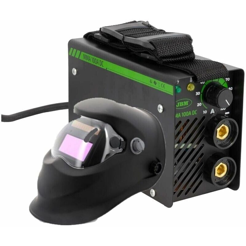foto del prodotto saldatrice inverter ad elettrodo mma 100a completa di casco per saldatura autoscurante e pinze