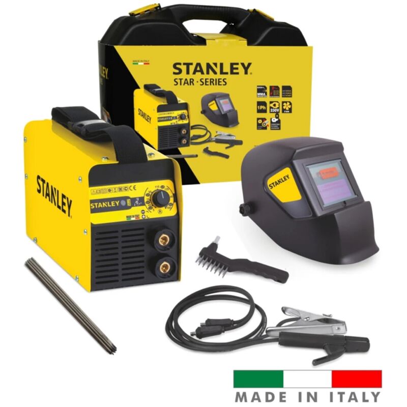 foto del prodotto saldatrice inverter mma ad elettrodo 130a stanley star 3200 con accessori e maschera professionale