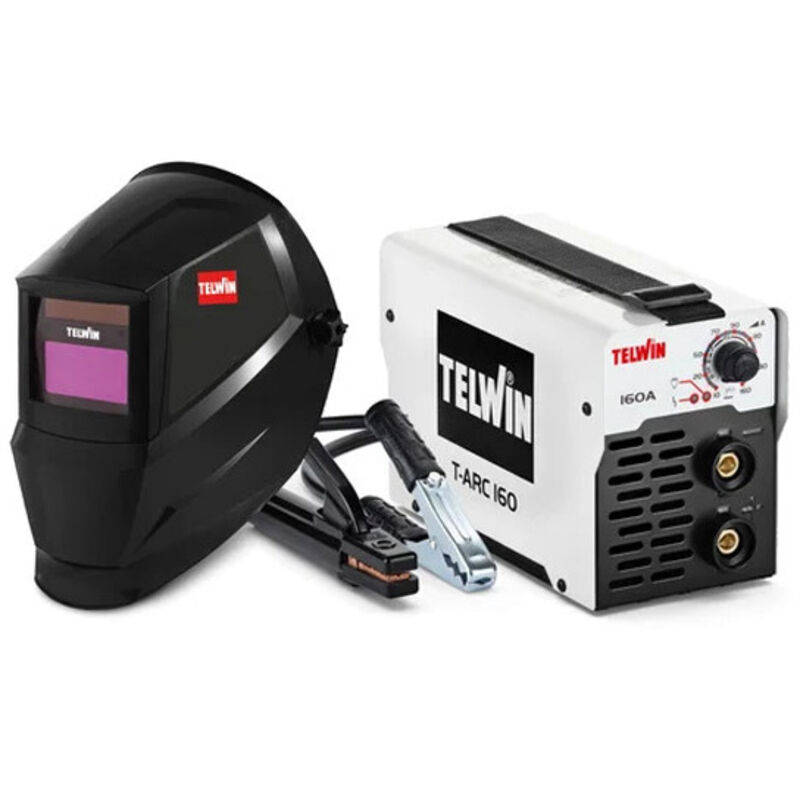 foto del prodotto saldatrice inverter telwin t-arc 160 con accessori e casco