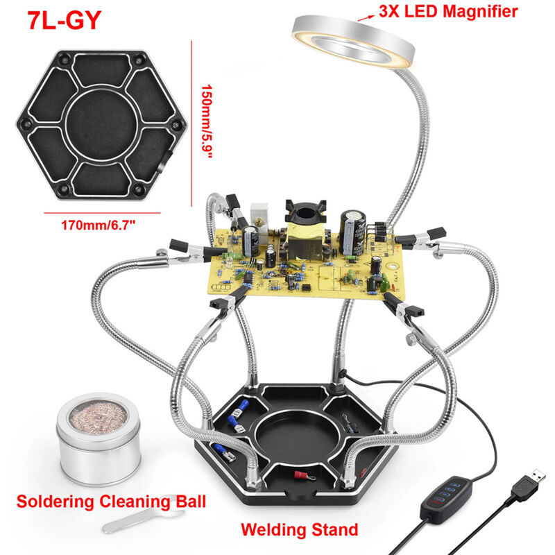 foto del prodotto saldatura a terza mano, terza mano con 6 bracci flessibili regolabili, lente d ingrandimento a led 3x per riparazioni elettroniche, modellismo e