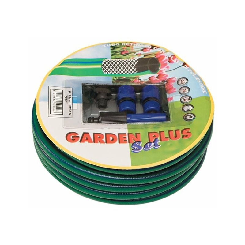foto del prodotto salone tubo retinato pompa giardino con lancia e raccordi mod. garden plus da mt.15
