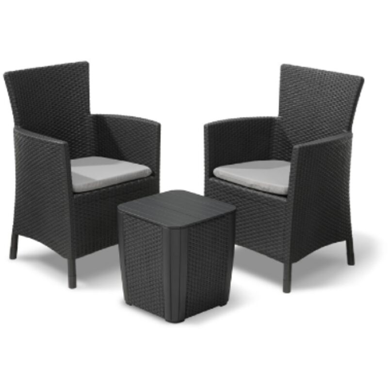 foto del prodotto salottino iowa balcony in resina effetto polirattan due poltrone con cuscini e un tavolino graphite da esterno e interno