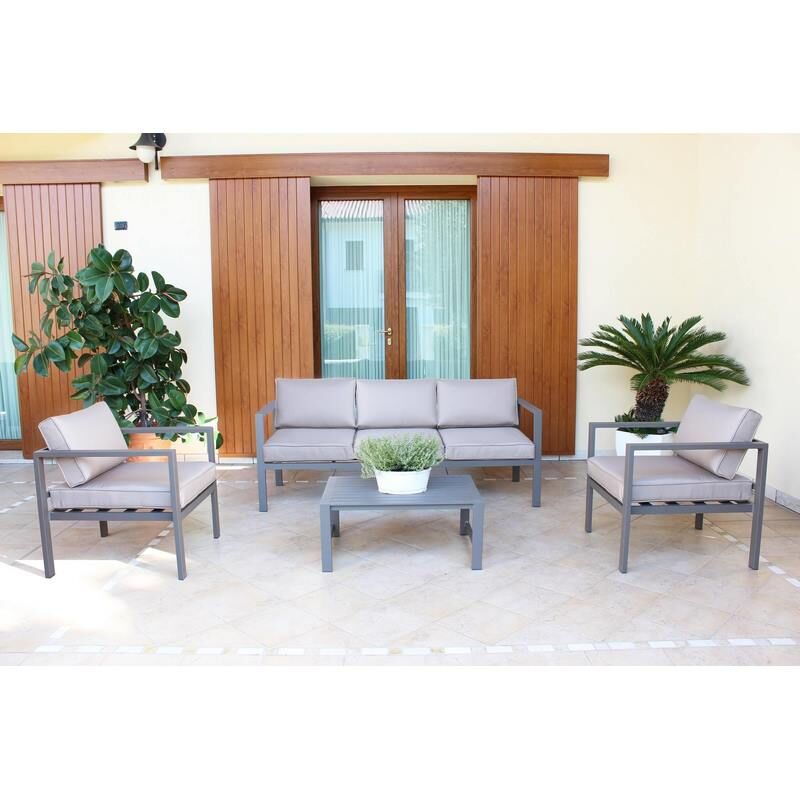 foto del prodotto salottino moderno per esterno ibiza in alluminio con cuscini da giardino e veranda 5 posti taup 
