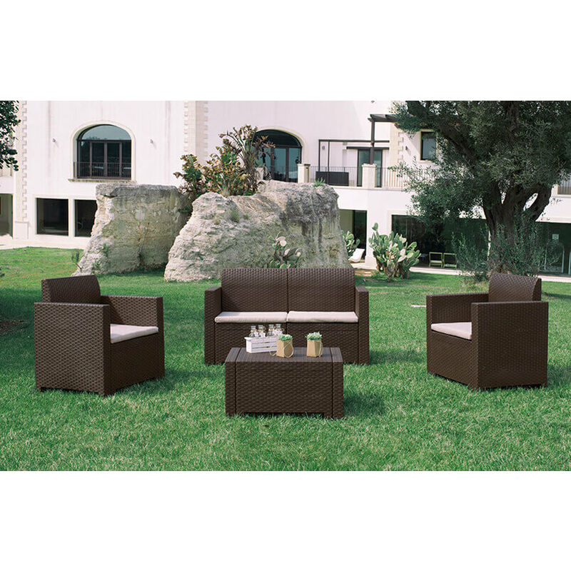 foto del prodotto salotto da esterno giardino 4 posti in resina e wicker con tavolino e cuscini creta brown