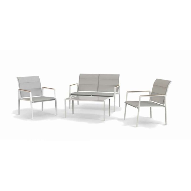foto del prodotto salotto da giardino caprera divano, 2 poltrone e tavolino design moderno, bianco e beige, comfort per esterni