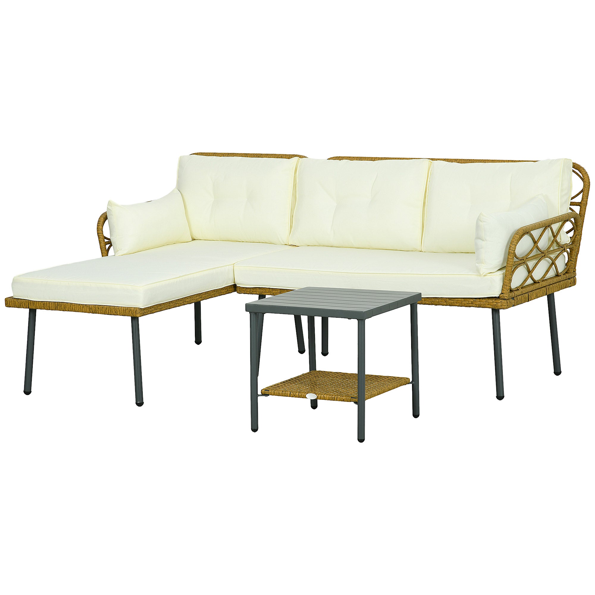 foto del prodotto salotto da giardino divano 2 posti con chaise longue e tavolino in rattan pe crema
