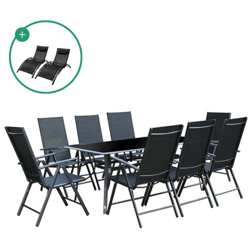 foto del prodotto salotto da giardino in alluminio 8 poltrone duo sedie a sdraio in textilene nero rimini