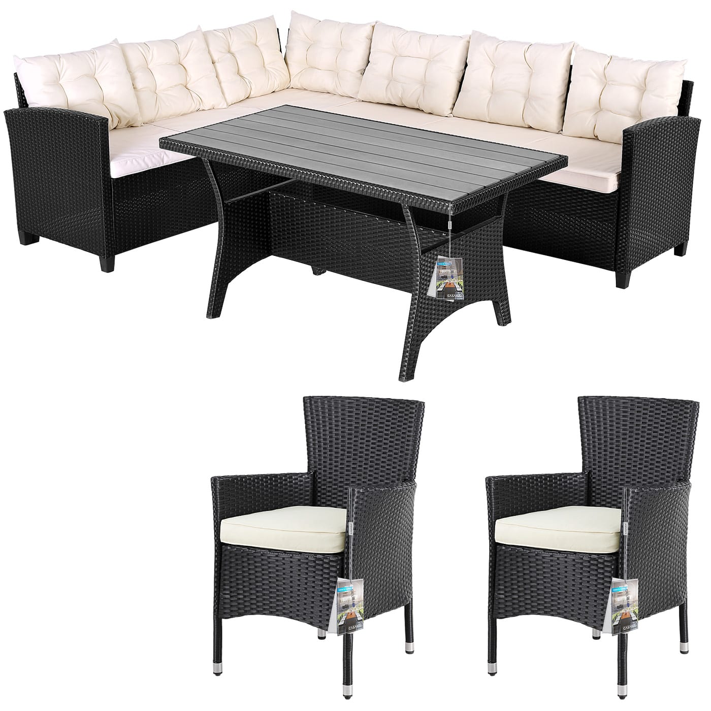 foto del prodotto salotto da giardino lisbona nero polyrattan include 2 sedie