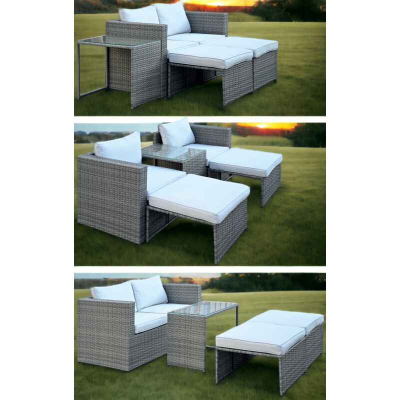 foto del prodotto salotto divano chaise lounge modulare da esterno in alluminio e rattan con cuscini da giardino combo grigio