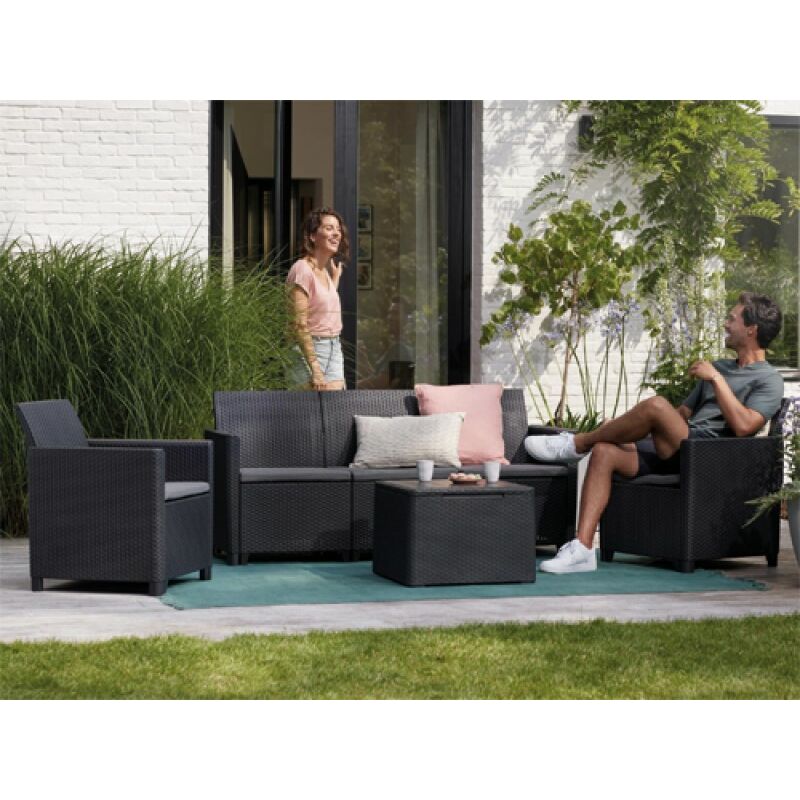 foto del prodotto salotto resina 3 posti grafite keter emma lounge set 4pz c cuscino