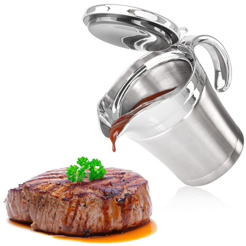foto del prodotto salsiera a doppia parete in acciaio inox, contenitore termico per salse con coperchio a cerniera e maniglia, mantiene il cibo caldo o freddo,