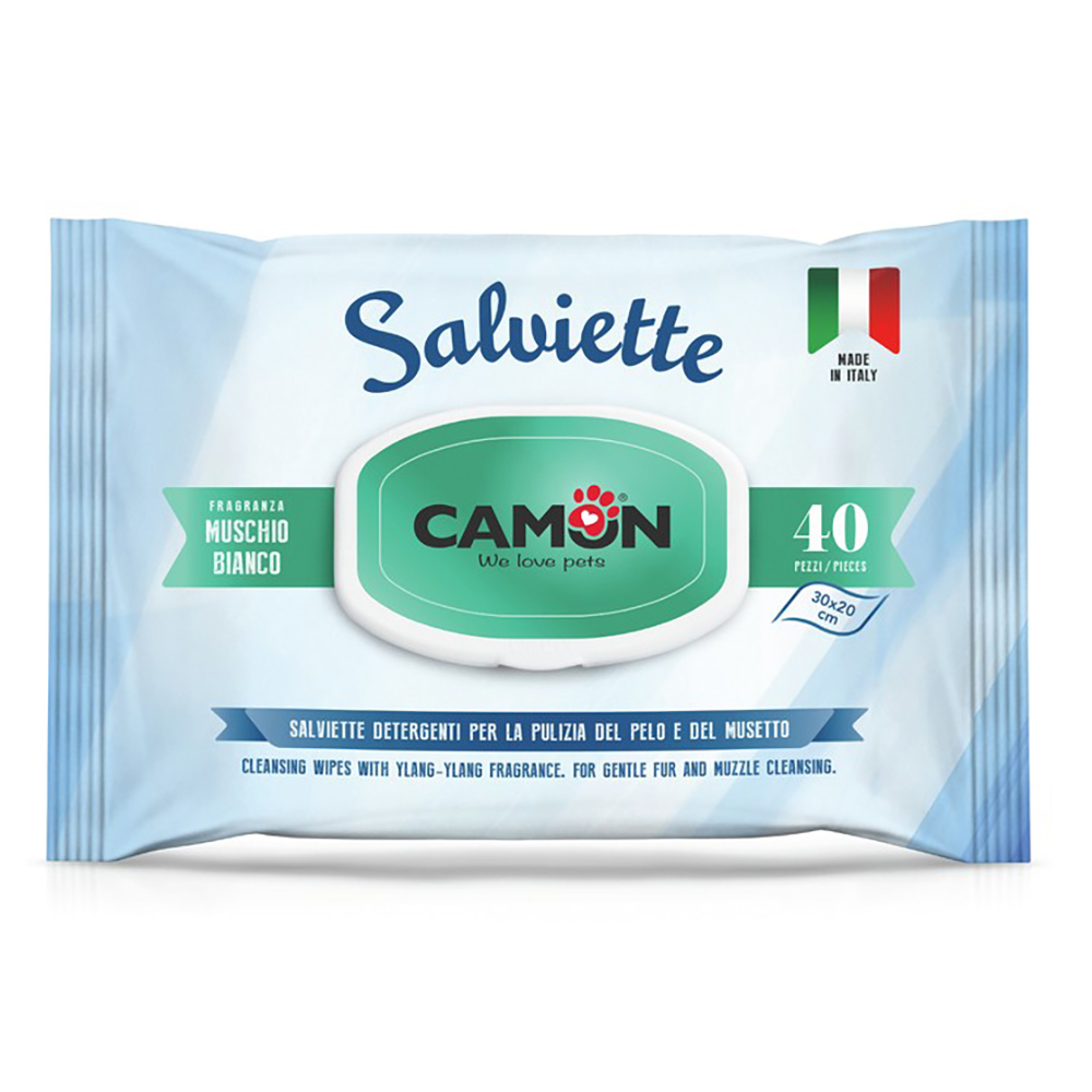 foto del prodotto salviette camon muschio bianco per la cura del pelo di cani e gatti 40 pz