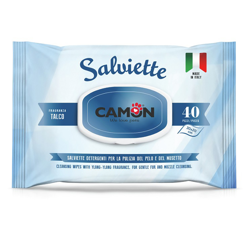 foto del prodotto salviette camon talco per la cura del pelo di cani e gatti 40 pz