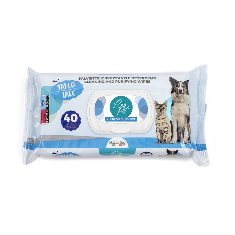foto del prodotto salviette detergenti per cani e gatti con talco da 40 pz leopet
