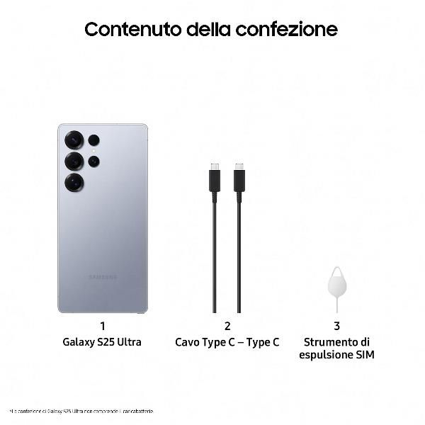 foto del prodotto samsung galaxy s25 ultra smartphone ai, display 6.9 qhd dynamic amoled 2x, fotocamera 200mp, ram 12gb, 1tb, 5.000 mah, titanium silverblue