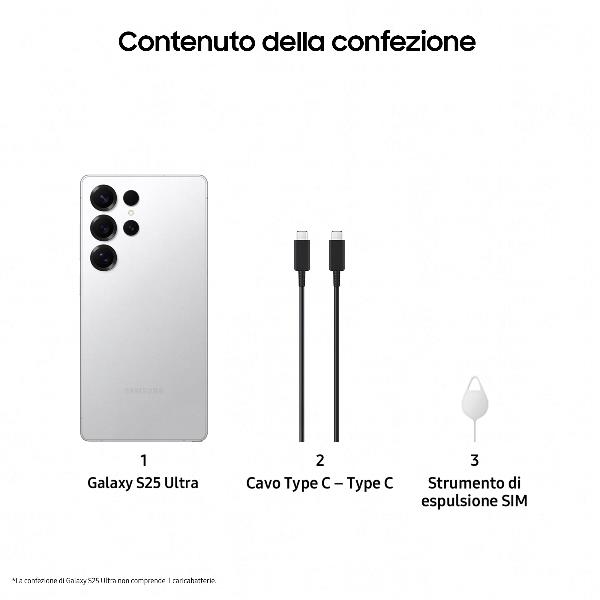 foto del prodotto samsung galaxy s25 ultra smartphone ai, display 6.9 qhd dynamic amoled 2x, fotocamera 200mp, ram 12gb, 512gb, 5.000 mah, titanium whitesilver