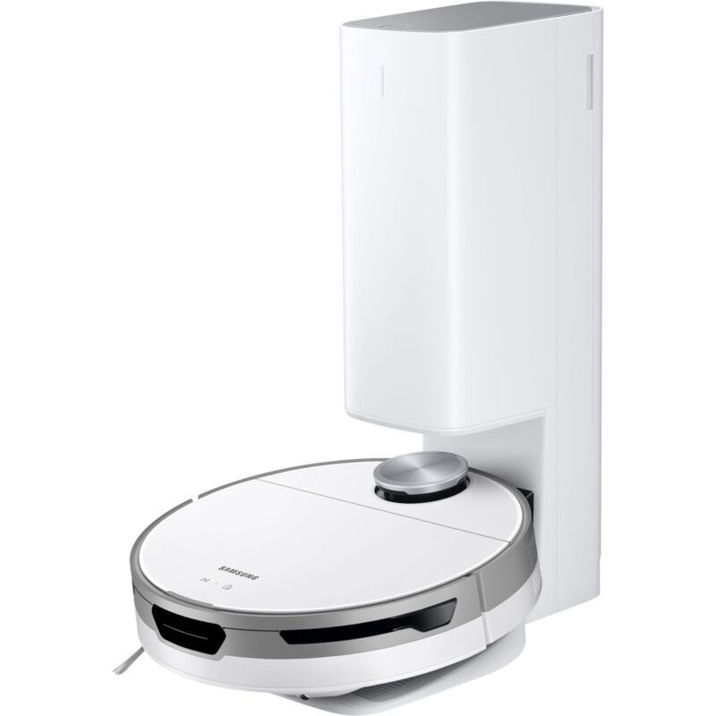 foto del prodotto samsung robot aspirapolvere jetbot vr30t85513w. tipo di contenitore della polvere senza sacchetto, colore del prodotto bianco, forma rotondo.