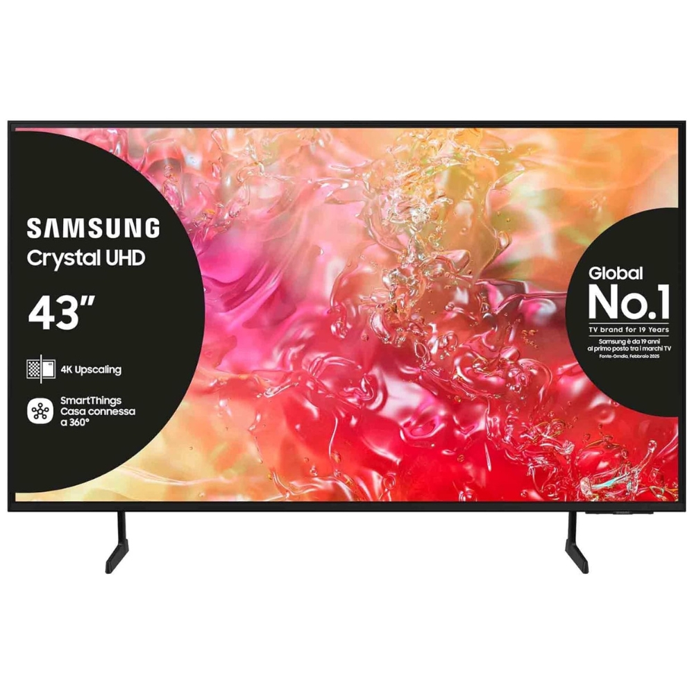 foto del prodotto samsung smart tv 43 ue43du7170uxzt, crystal 4k uhd, 4k upscaling, slim look, dvbt-2, q-symphony ots lite, integrato con bixby, comp con alexa e google assistant, black 2024 classe di efficienza