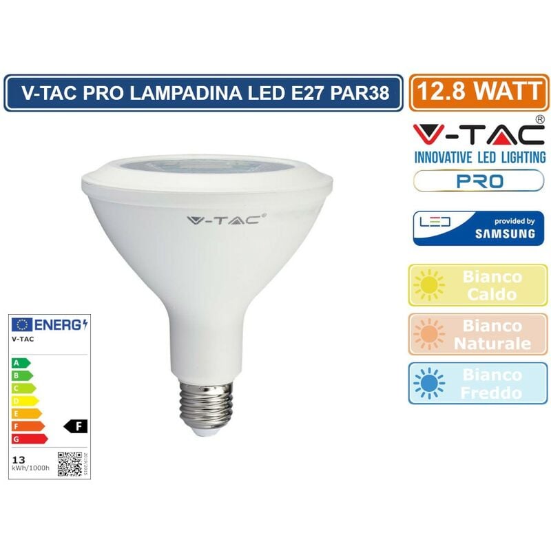 foto del prodotto samsung v tac pro vt 238 lampadina led e27 12,8w bulb par lamp par38 chip sku 21150 21151 21152 colore luce bianco freddo
