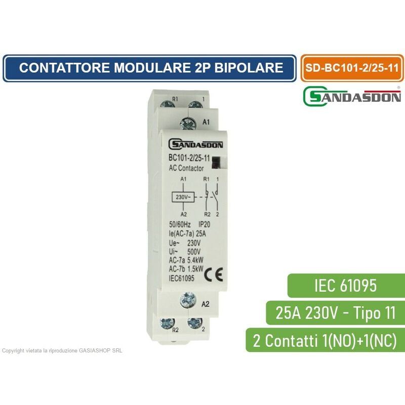foto del prodotto sandasdon contattore modulare su barra din 2p bipolare 25a 230v 1 contatto aperto no 1 contatto chiuso nc tipo 11