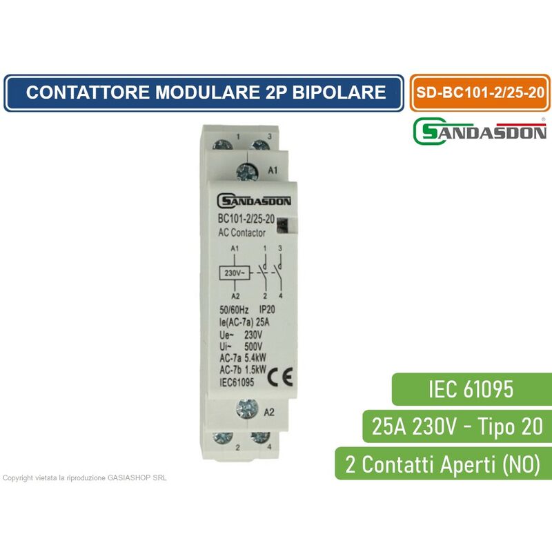 foto del prodotto sandasdon contattore modulare su barra din 2p bipolare 25a 230v 2 contatti aperti no tipo 20