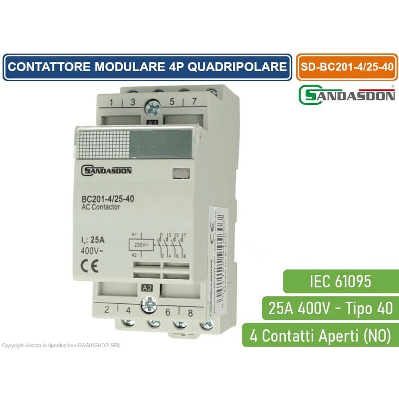 foto del prodotto sandasdon contattore modulare su barra din 4p 25a 400v 4 contatti aperti no tipo 40