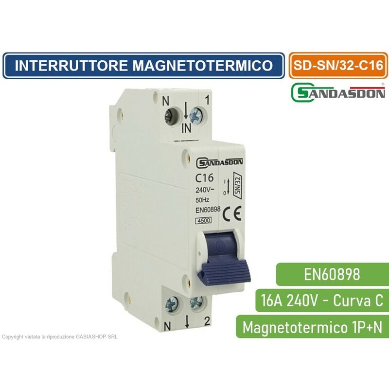 foto del prodotto sandasdon interruttore megnetotermico per barra din 1 modulo 1p n 240v curva c 4.5ka 16a
