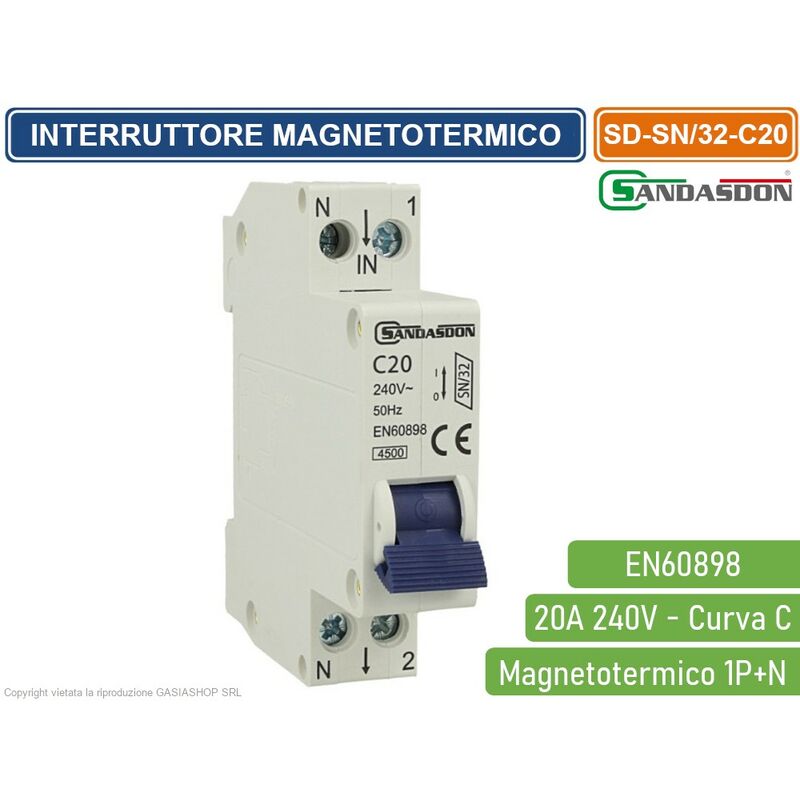foto del prodotto sandasdon interruttore megnetotermico per barra din 1 modulo 1p n 240v curva c 4.5ka 20a
