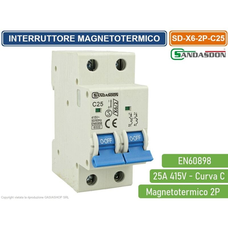 foto del prodotto sandasdon interruttore megnetotermico per barra din 2 moduli 2p 415v curva c 6ka 25a