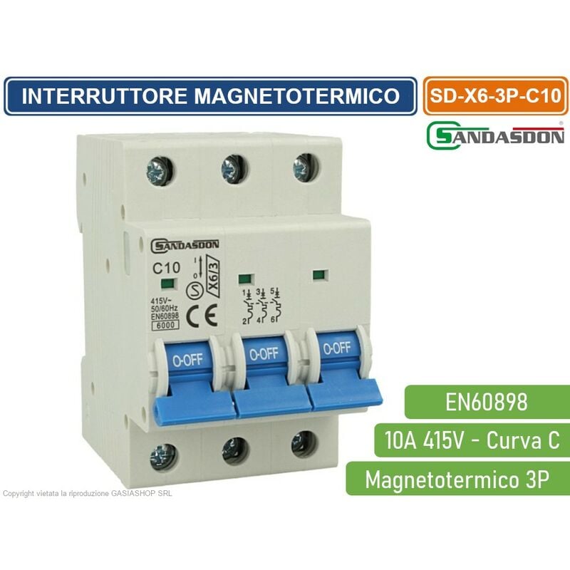 foto del prodotto sandasdon interruttore megnetotermico per barra din 3 moduli 3p 415v curva c 6ka 10a